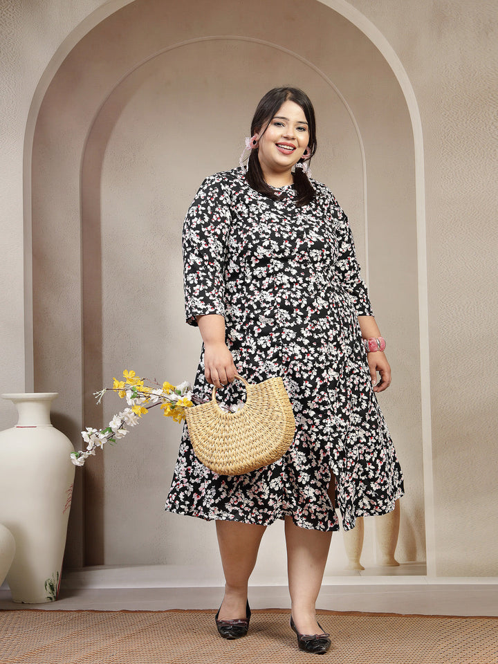 Plus Size Floral Printed Mandarin Collar Shirt Dress