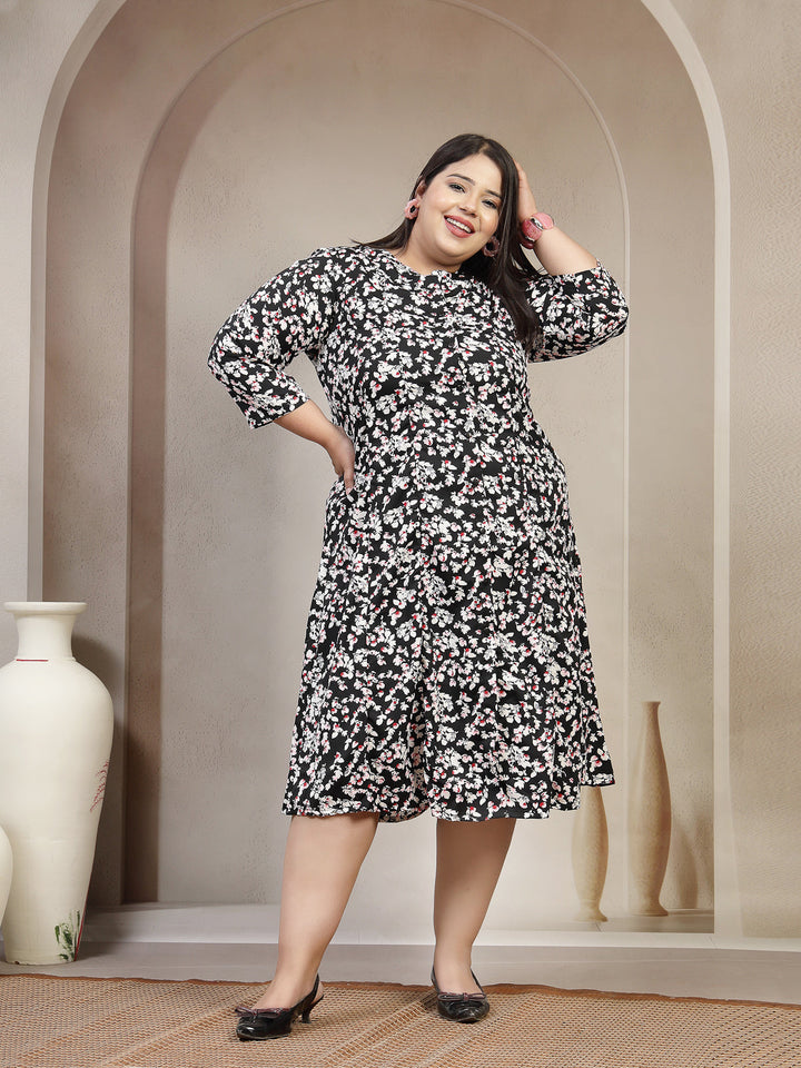 Plus Size Floral Printed Mandarin Collar Shirt Dress