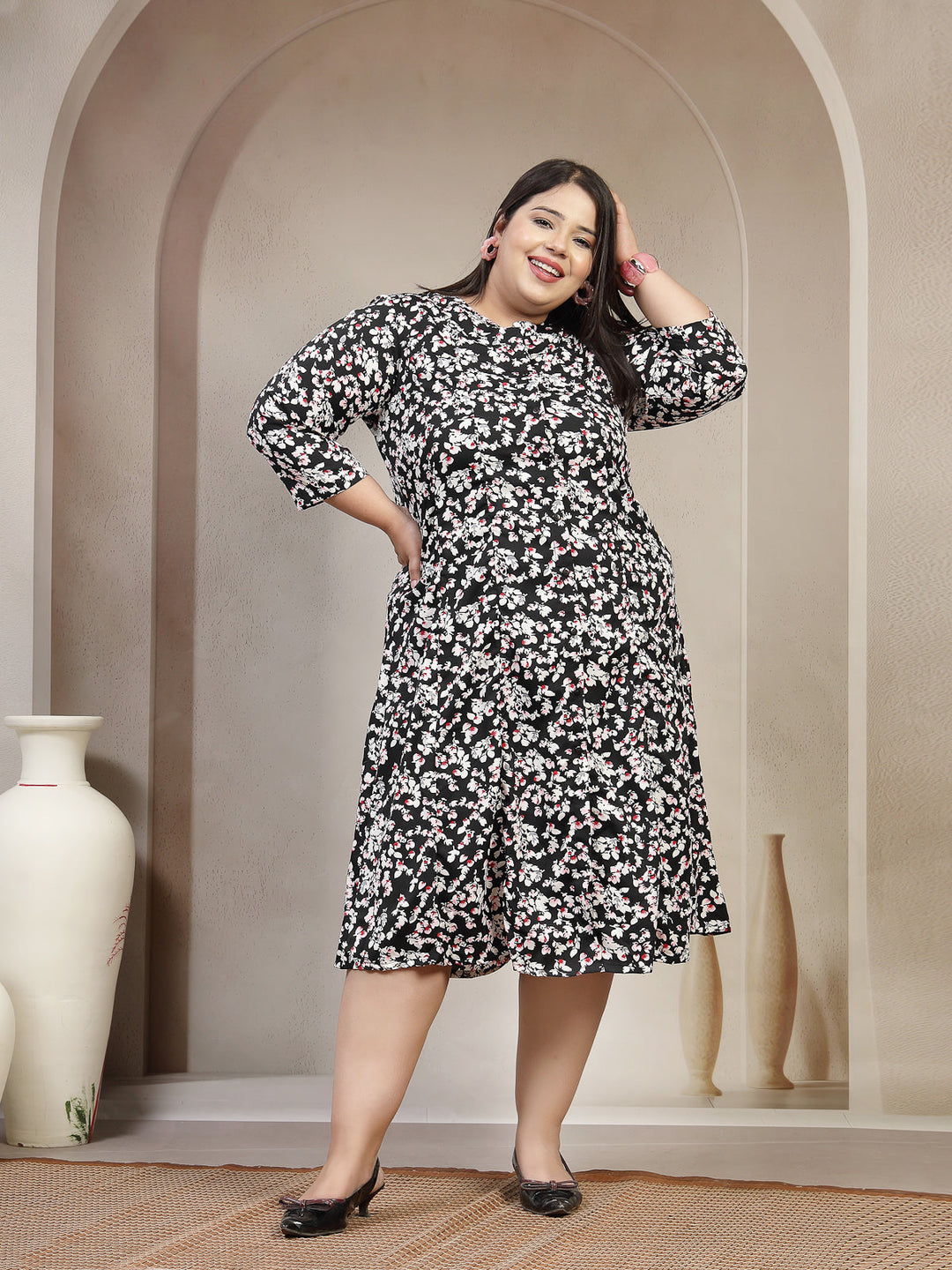 Plus Size Floral Printed Mandarin Collar Shirt Dress