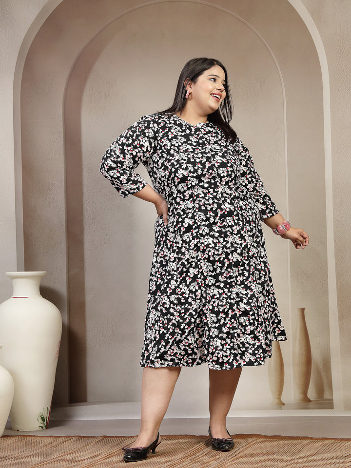 Plus Size Floral Printed Mandarin Collar Shirt Dress