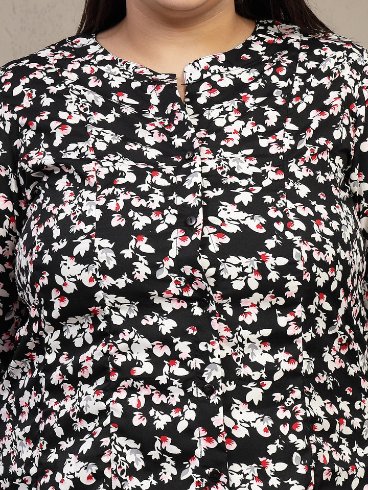Plus Size Floral Printed Mandarin Collar Shirt Dress