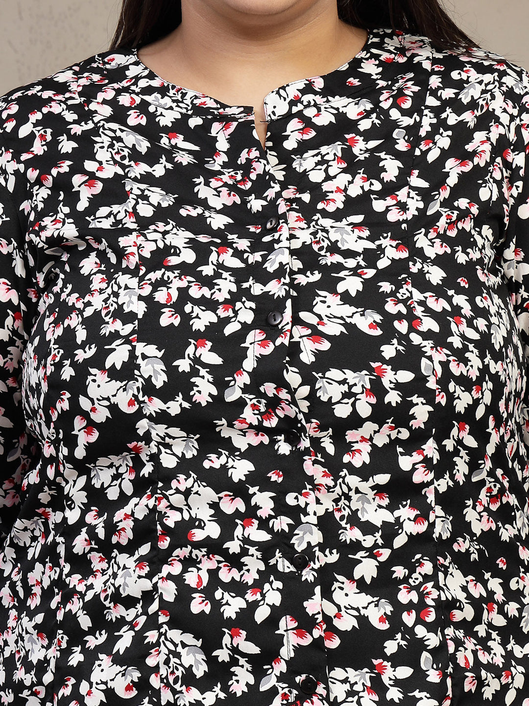 Plus Size Floral Printed Mandarin Collar Shirt Dress