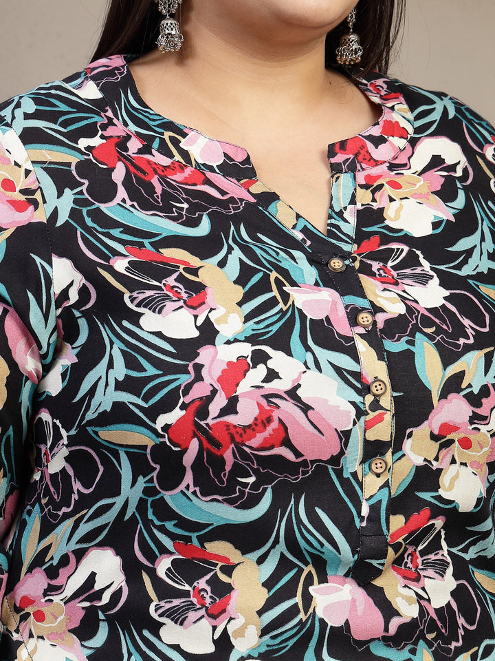 Plus Size Mandarin Collar Abstract Printed Kurta