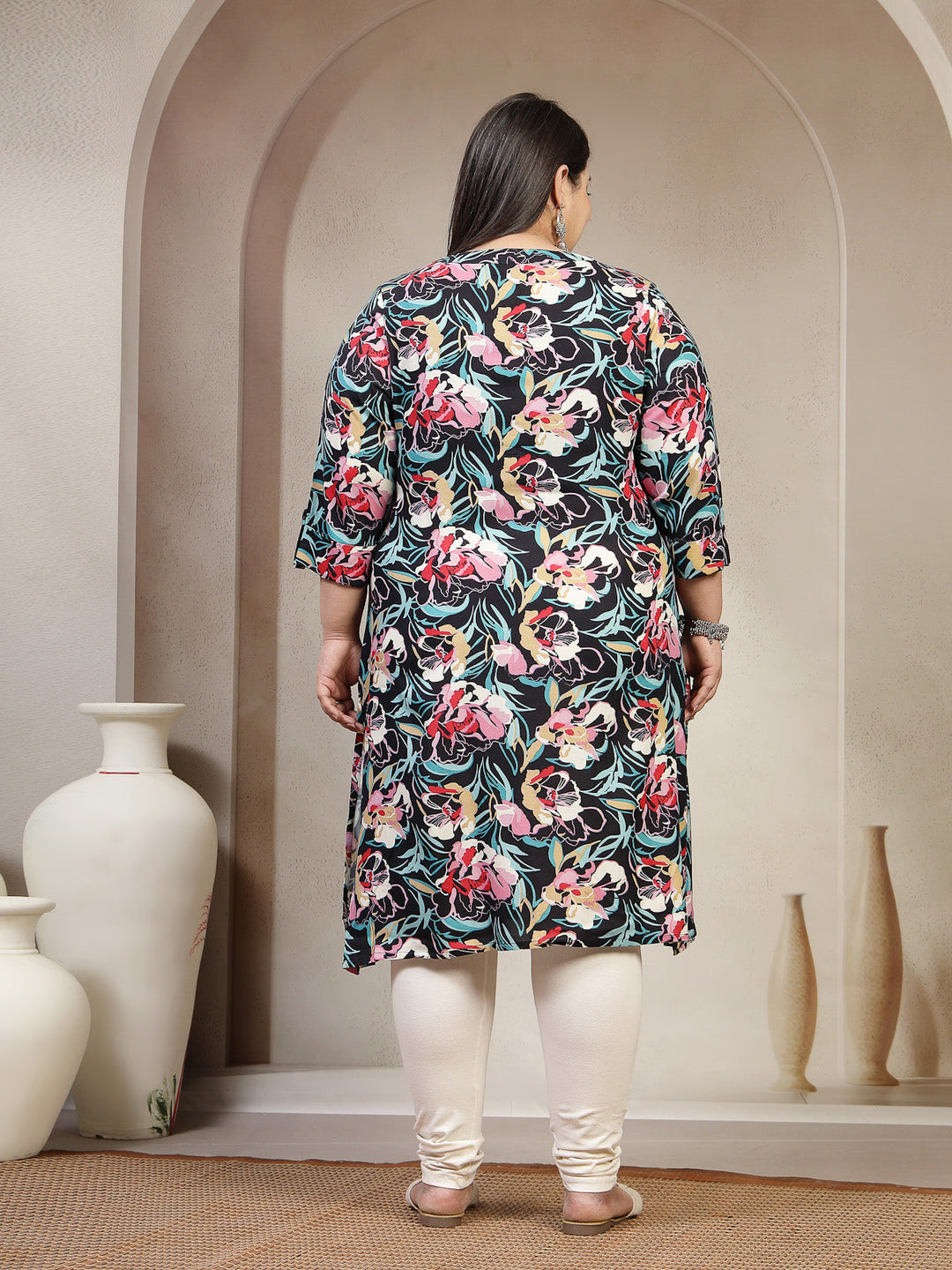 Plus Size Mandarin Collar Abstract Printed Kurta