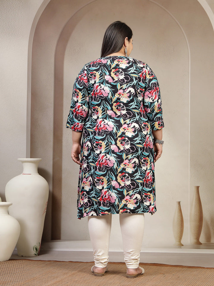 Plus Size Mandarin Collar Abstract Printed Kurta