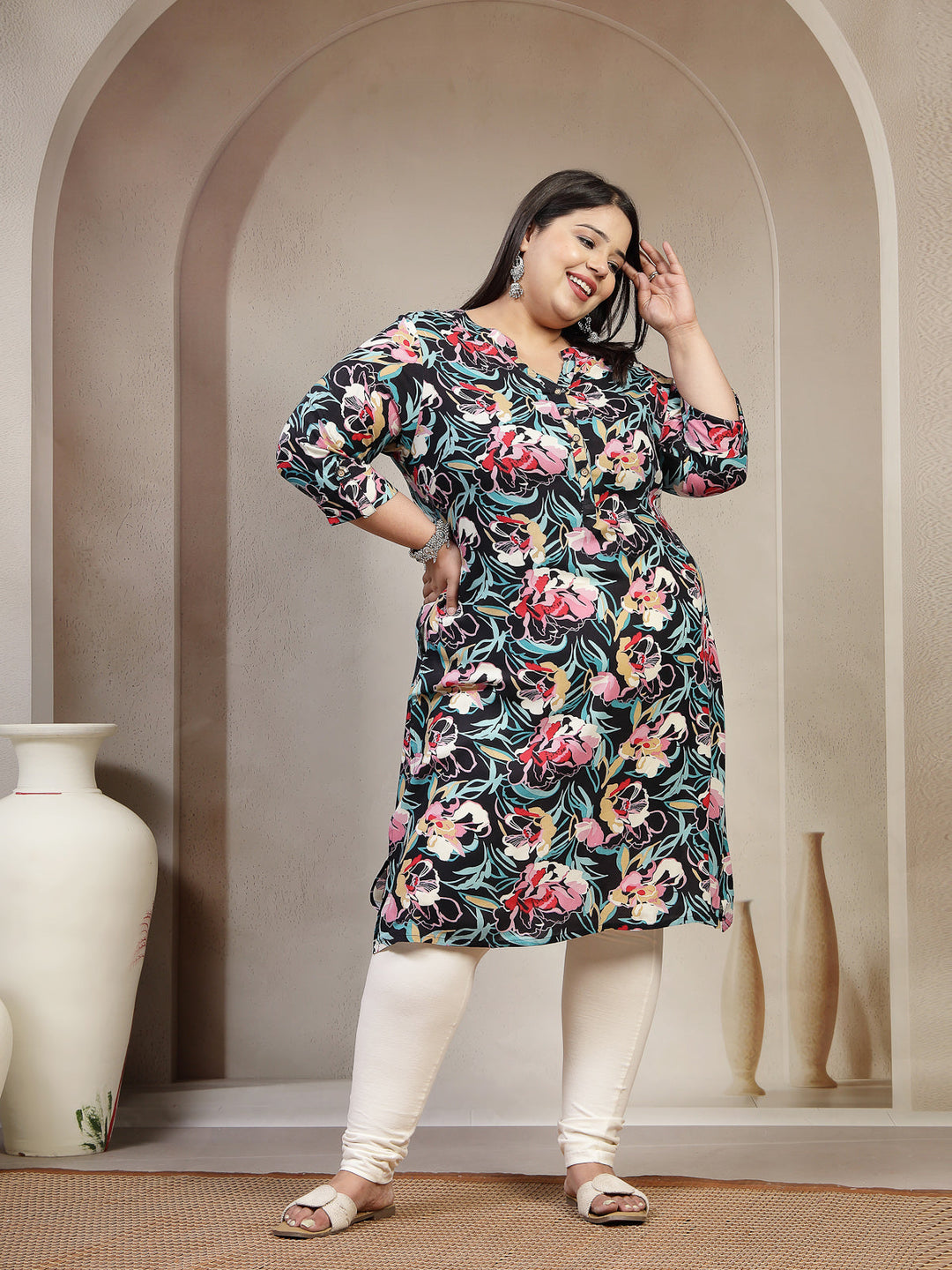 Plus Size Mandarin Collar Abstract Printed Kurta