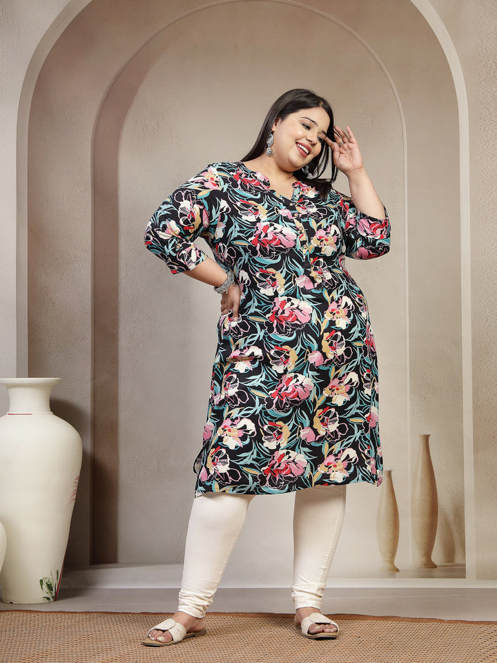 Plus Size Mandarin Collar Abstract Printed Kurta