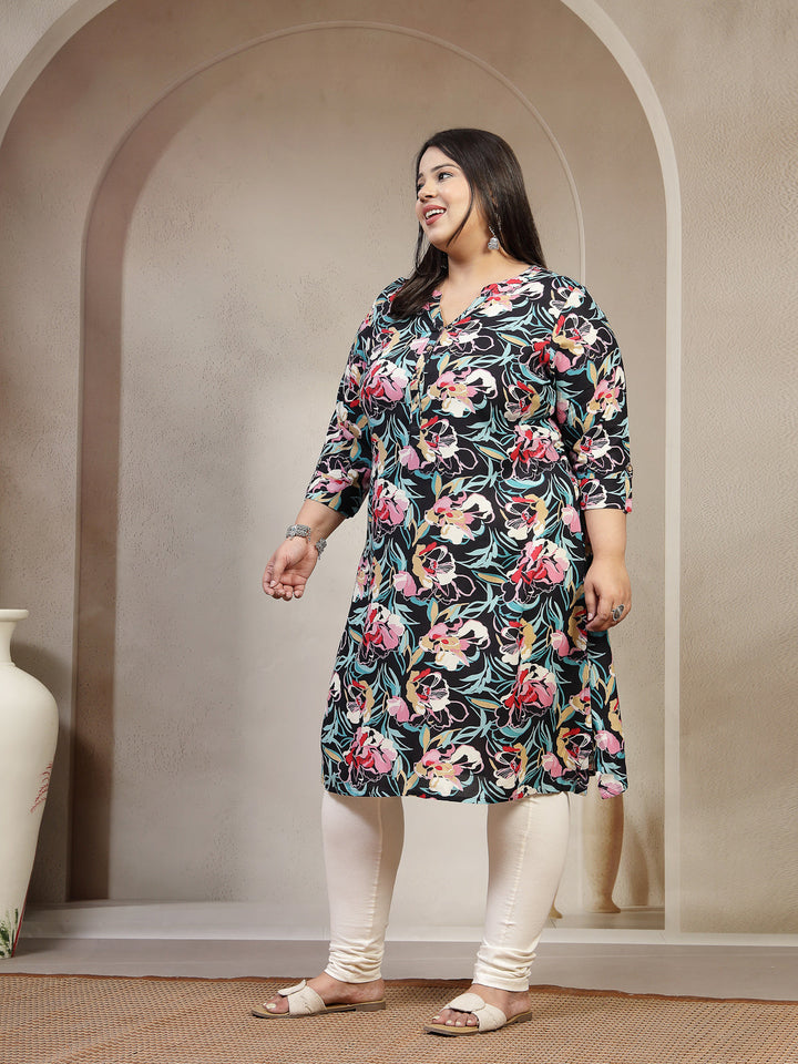 Plus Size Mandarin Collar Abstract Printed Kurta