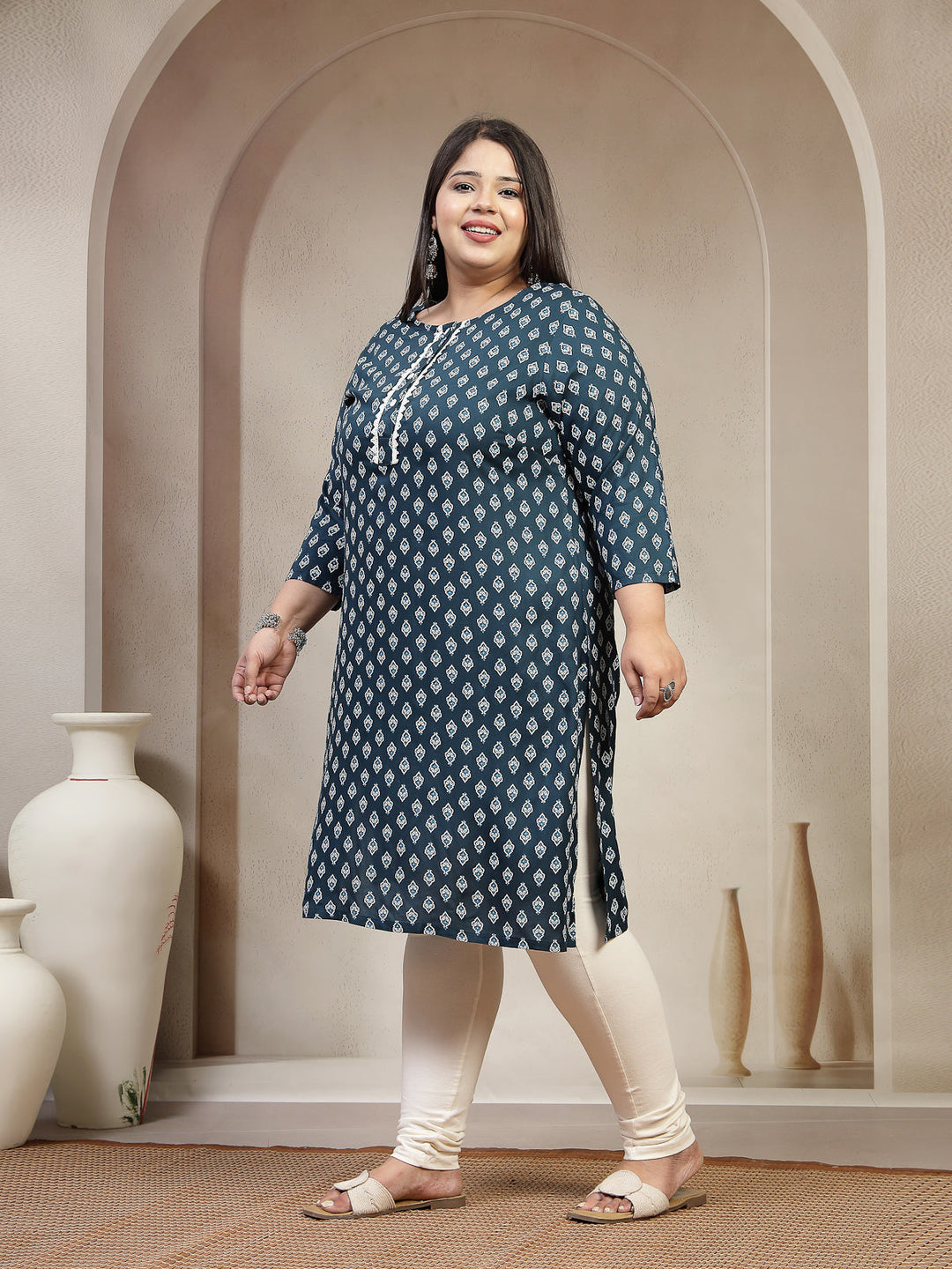 Plus Size Floral Printed Gotta Patti Pleated Anarkali Kurta