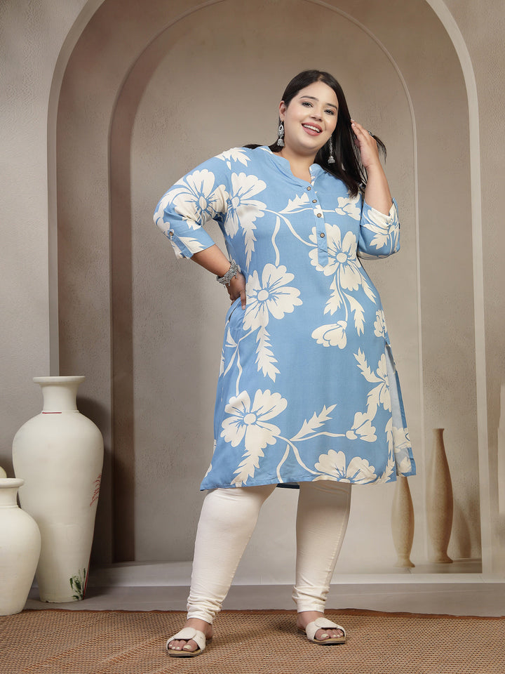 Plus Size Mandarin Collar Floral Printed Straight Regular Kurta