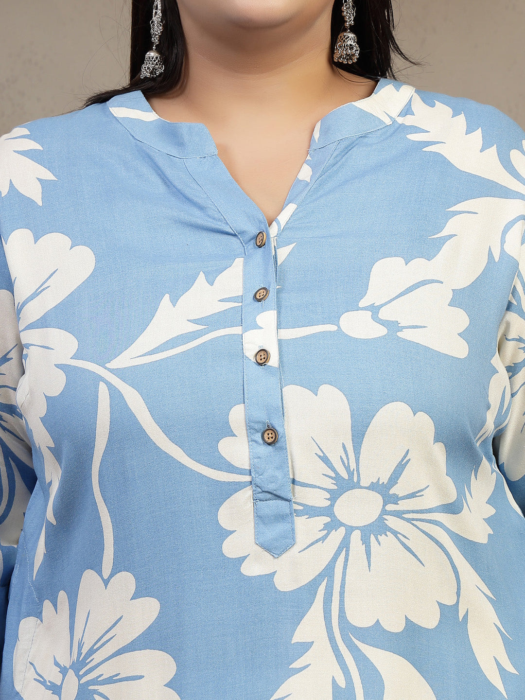 Plus Size Mandarin Collar Floral Printed Straight Regular Kurta