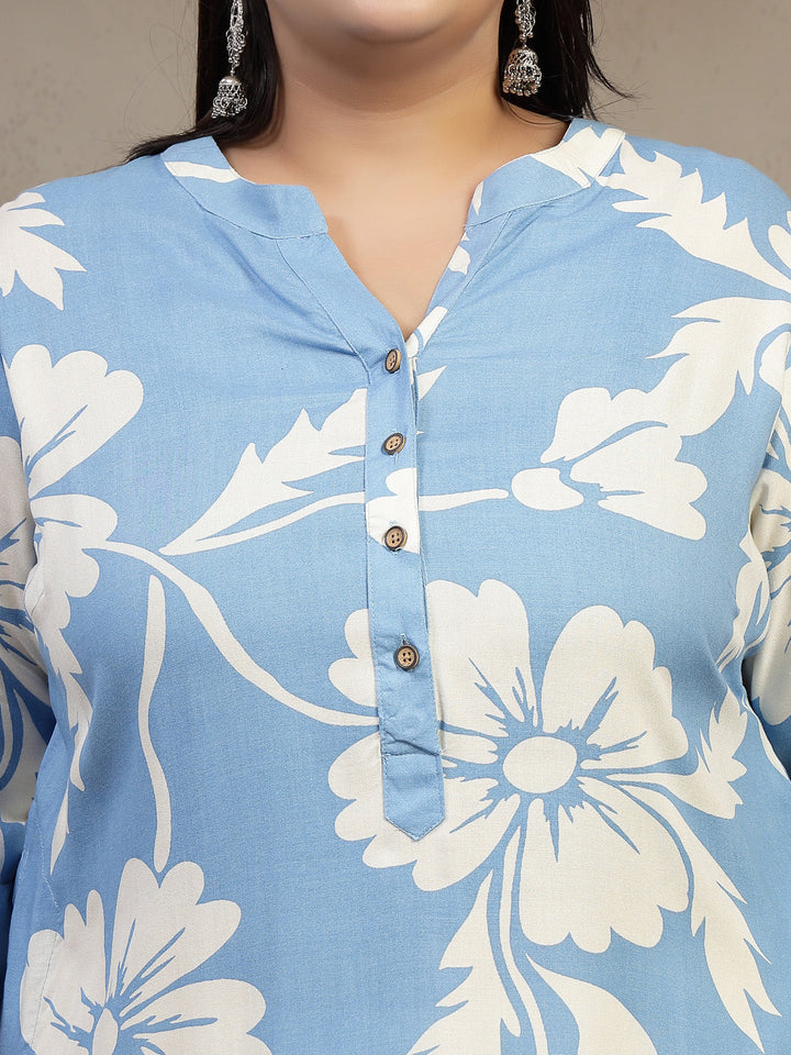 Plus Size Mandarin Collar Floral Printed Straight Regular Kurta