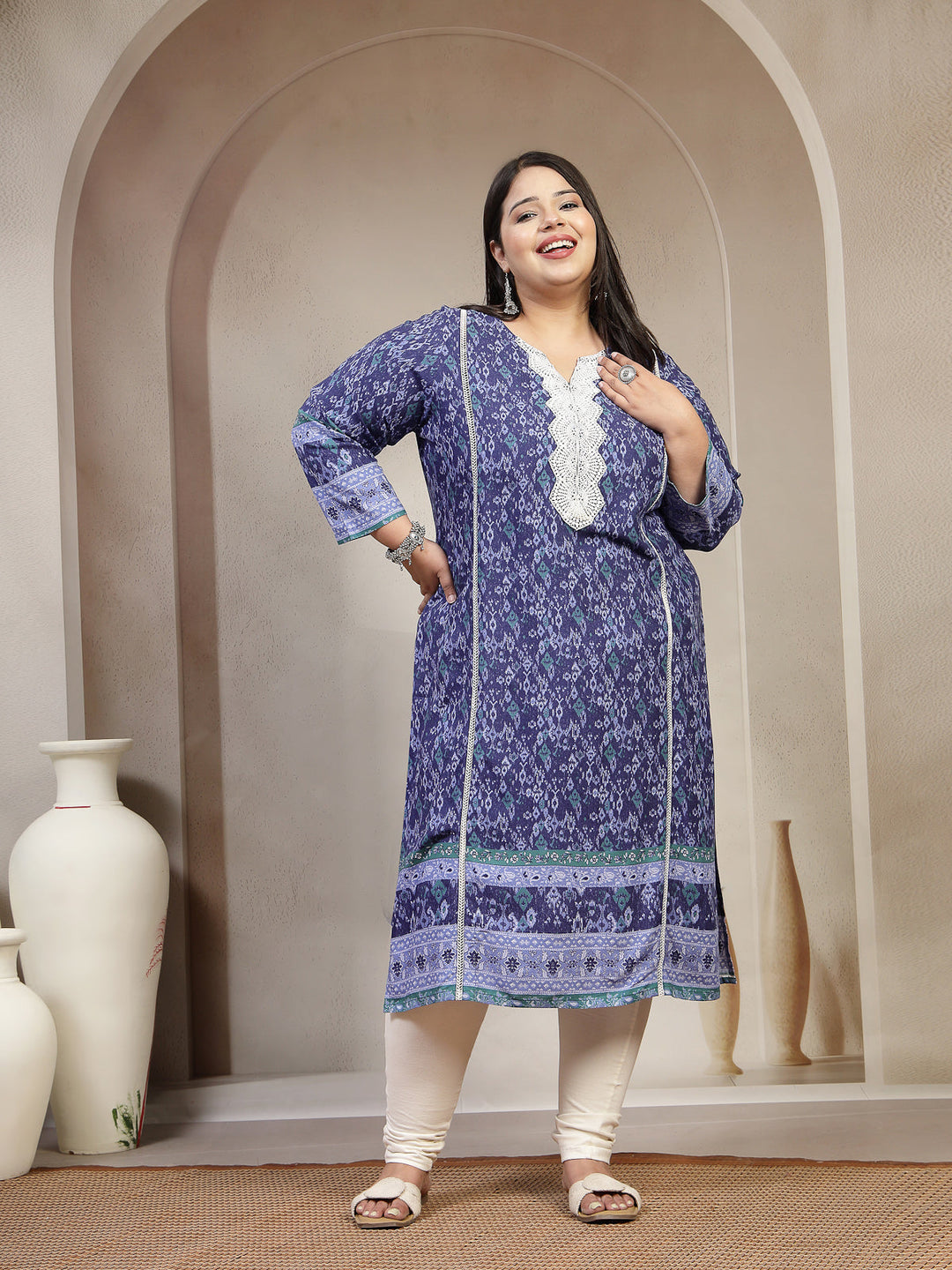 Plus Size Women Geometric Printed Daily Straight Kurta