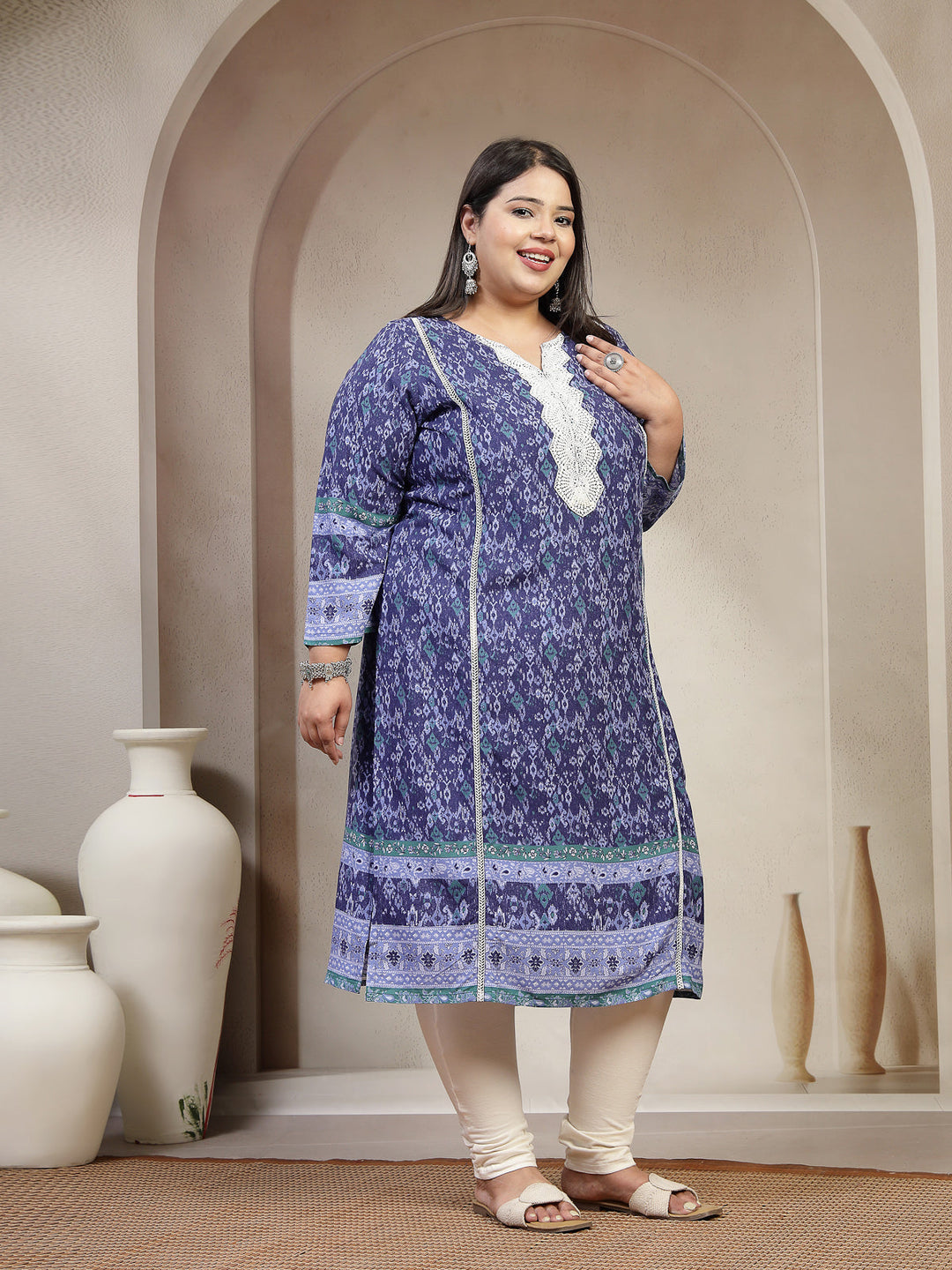 Plus Size Women Geometric Printed Daily Straight Kurta