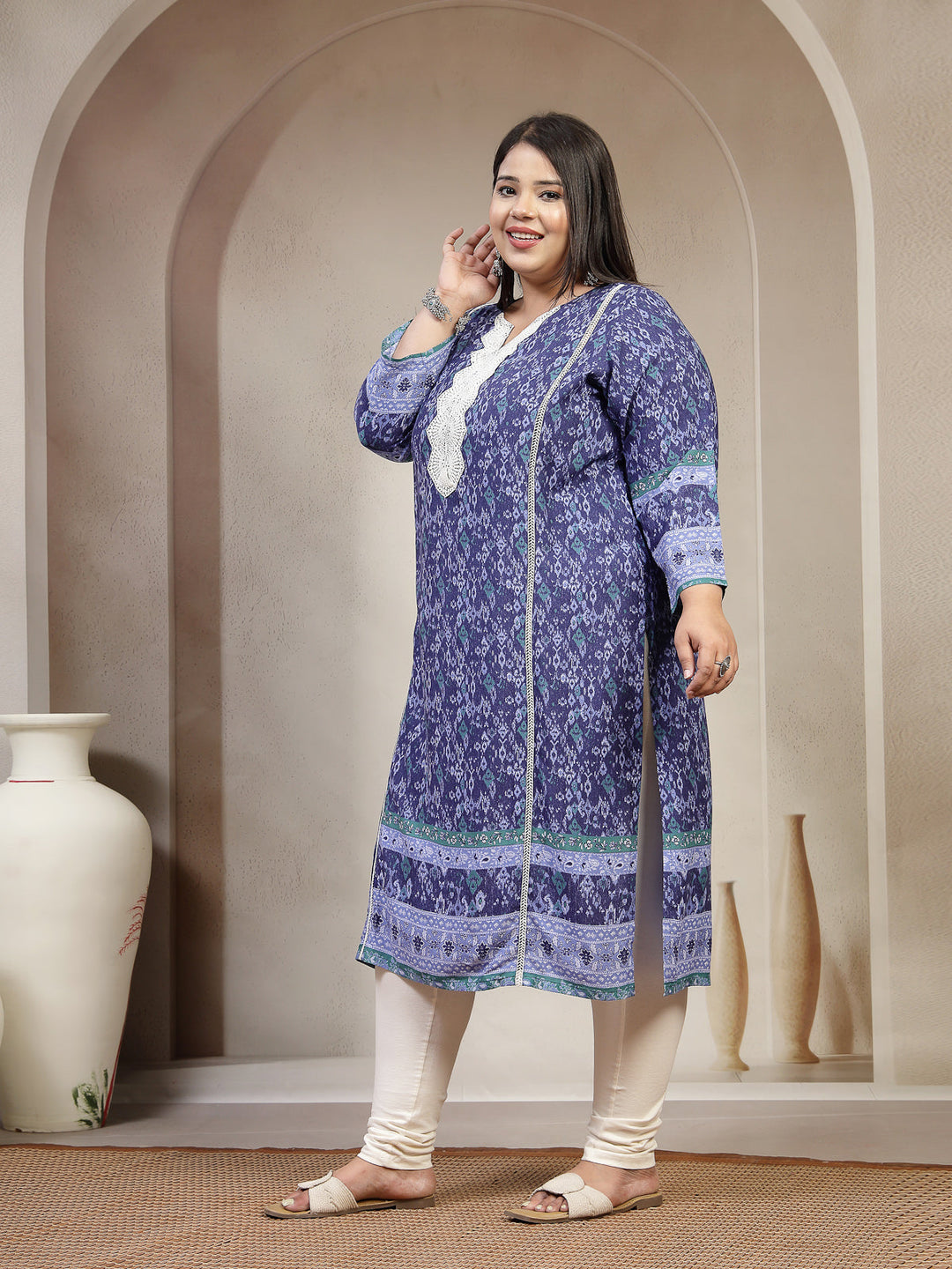Plus Size Women Geometric Printed Daily Straight Kurta