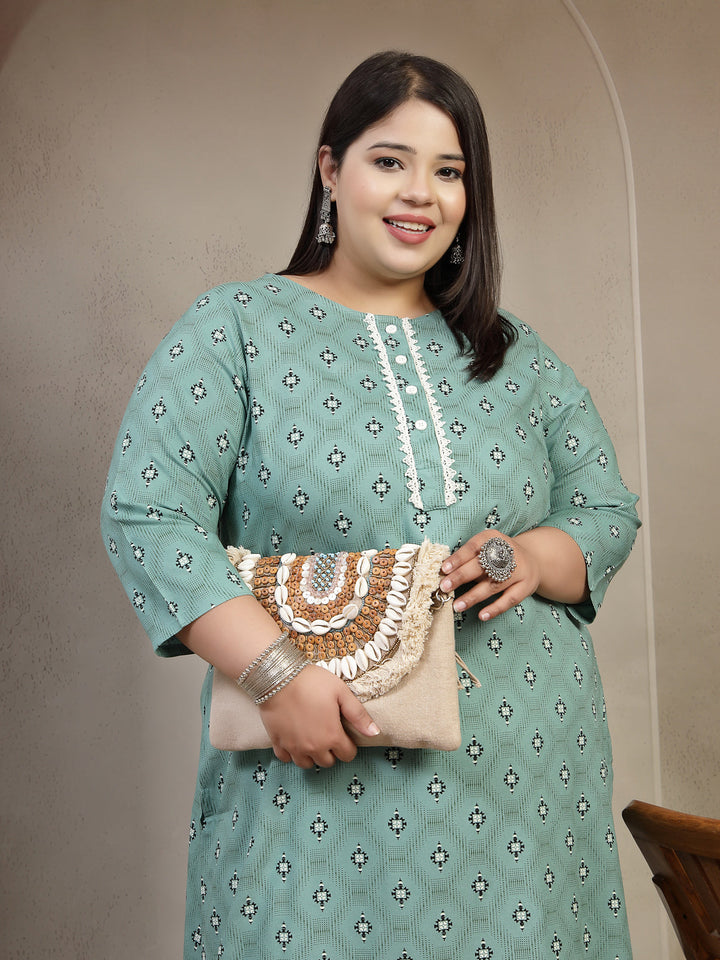 Plus Size Abstract Printed Thread Work Kurta