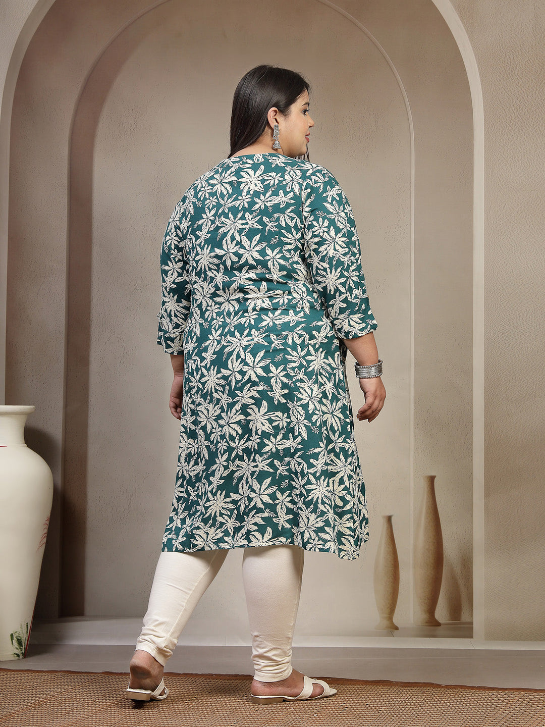 Plus Size Floral Printed Mandarin Collar A-Line Kurta