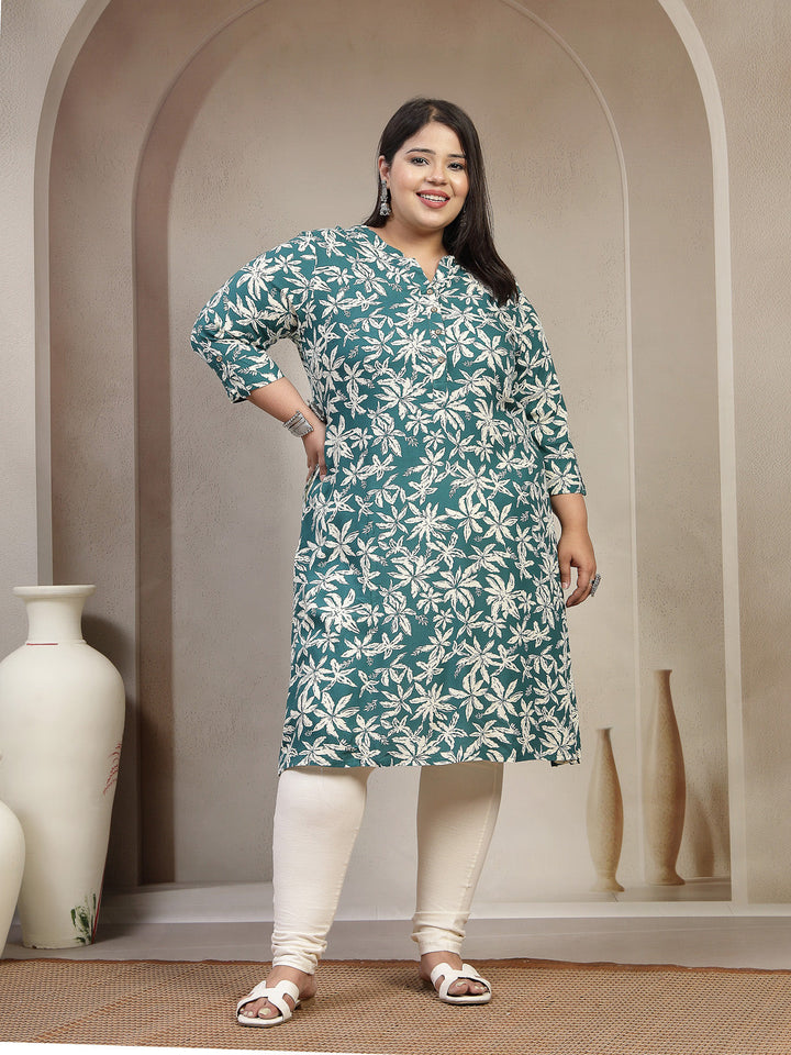 Plus Size Floral Printed Mandarin Collar A-Line Kurta