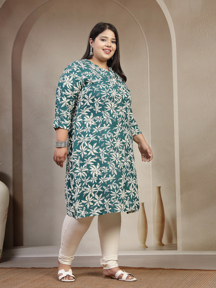 Plus Size Floral Printed Mandarin Collar A-Line Kurta