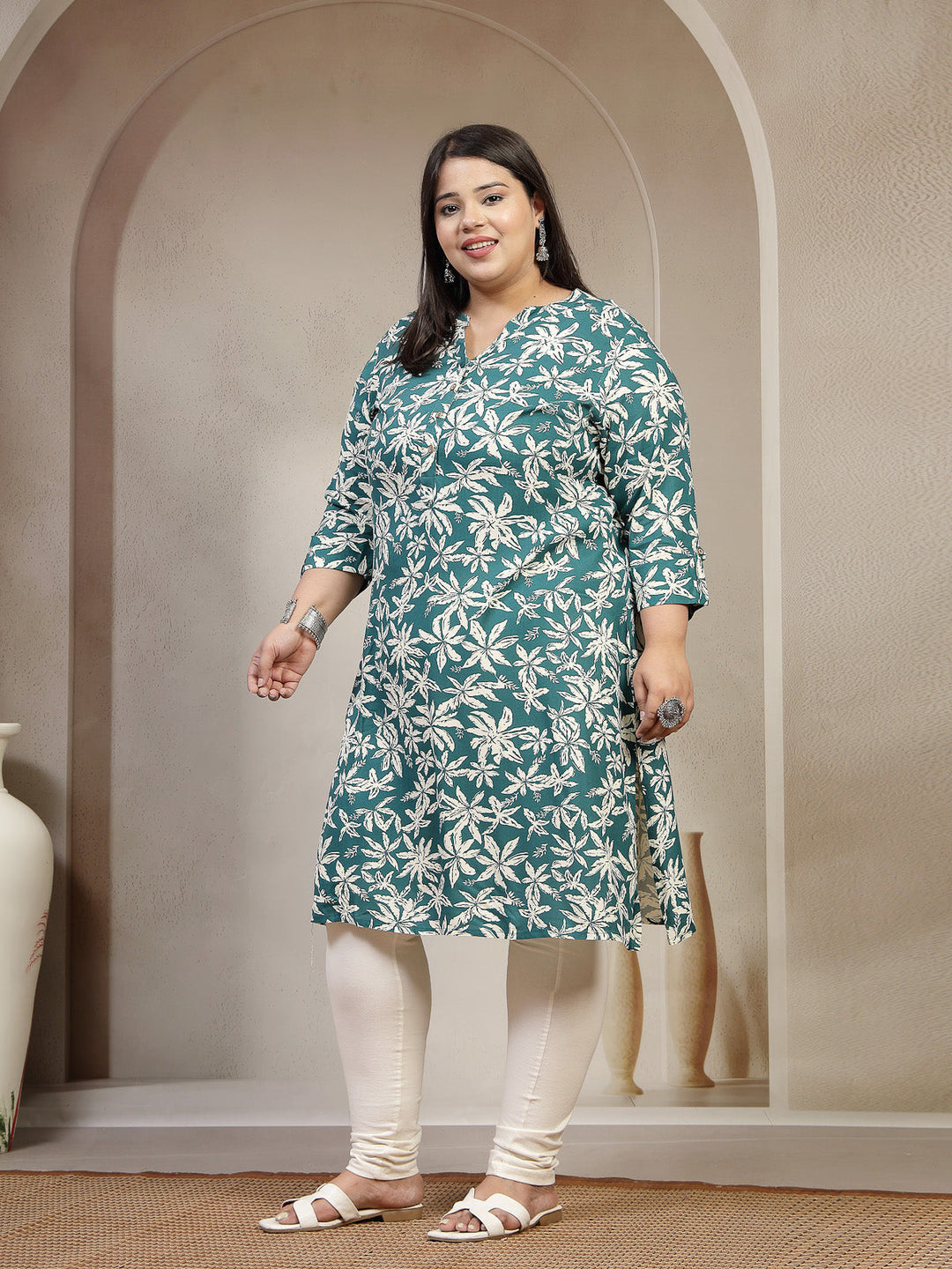 Plus Size Floral Printed Mandarin Collar A-Line Kurta
