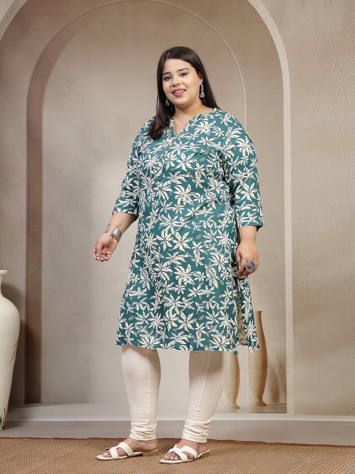 Plus Size Floral Printed Mandarin Collar A-Line Kurta