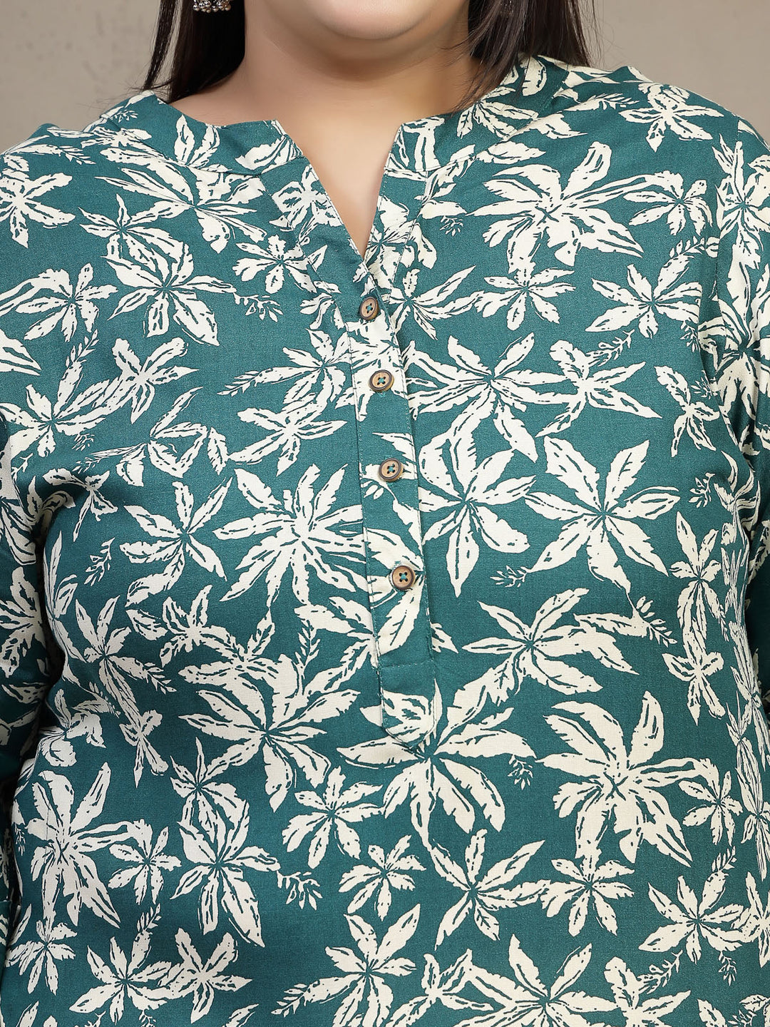 Plus Size Floral Printed Mandarin Collar A-Line Kurta