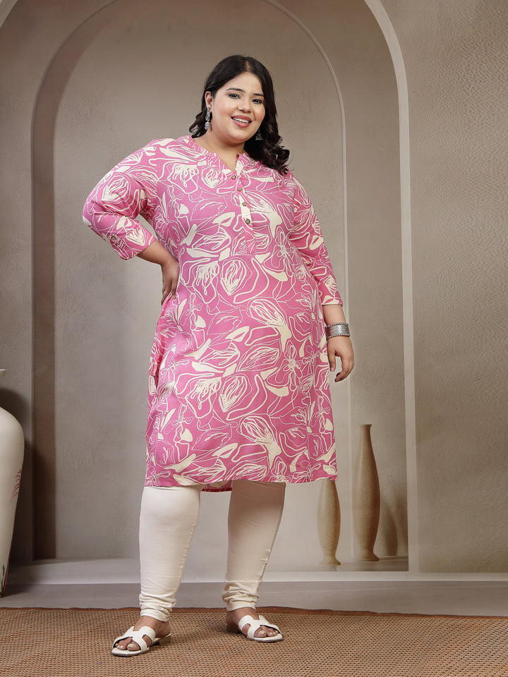 Plus Size Floral Printed Mandarin Collar A-Line Curved Regular Kurta