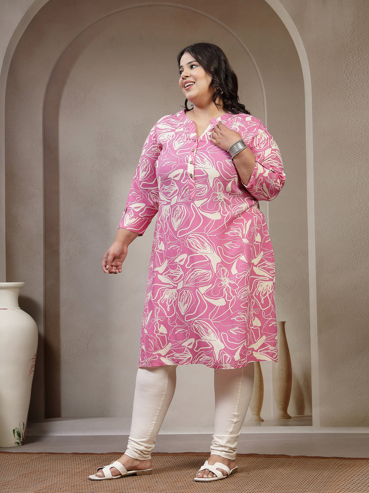 Plus Size Floral Printed Mandarin Collar A-Line Curved Regular Kurta