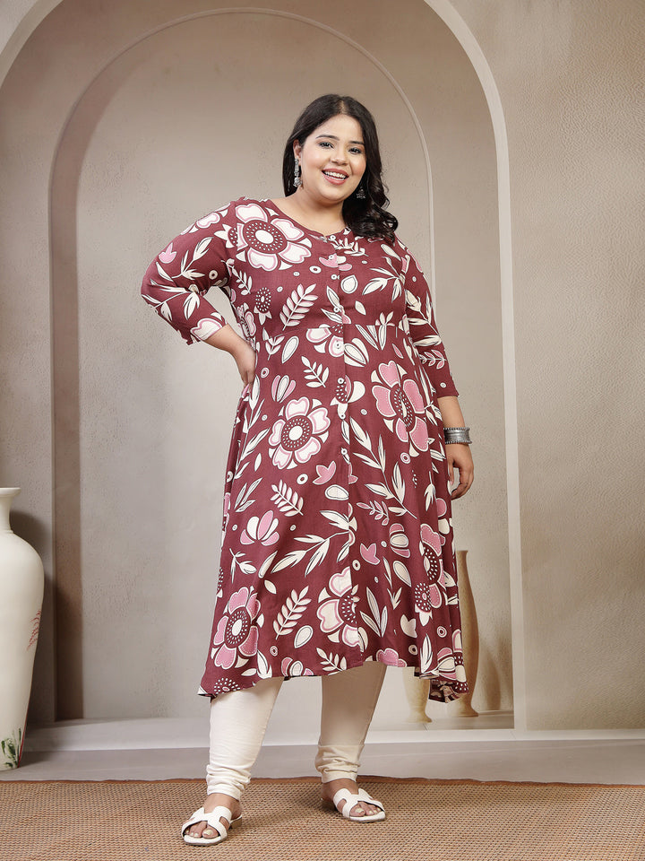 Plus Size Women Floral Printed Flared Sleeves Kurta