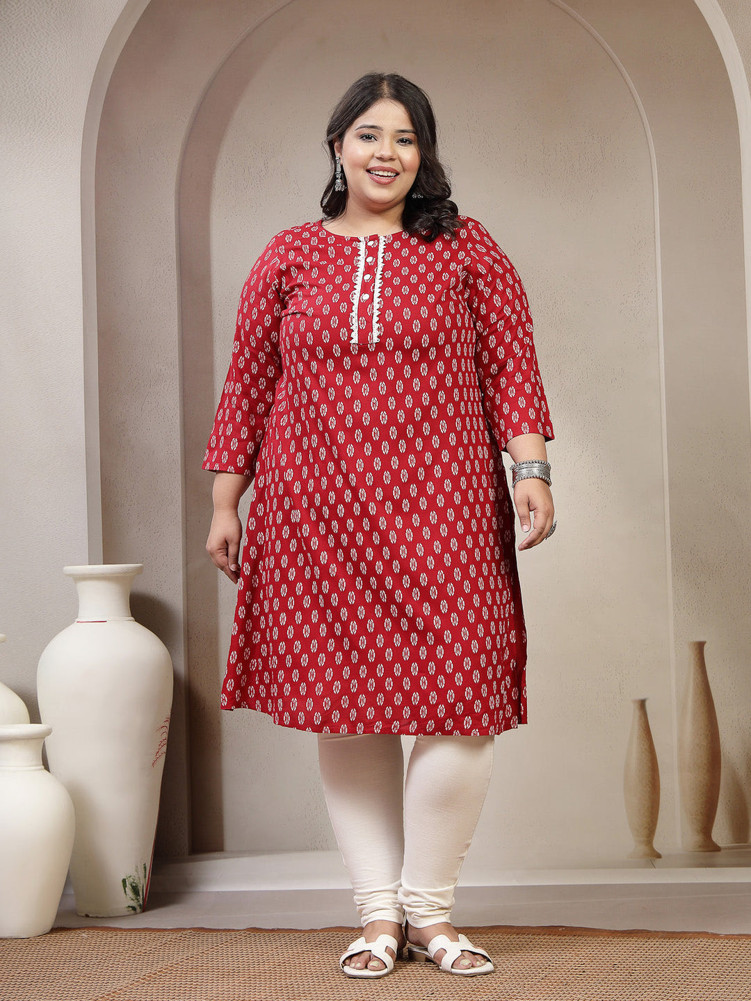 Plus Size Women Ethnic Motifs Embroidered Flared Sleeves Thread Work Kurta