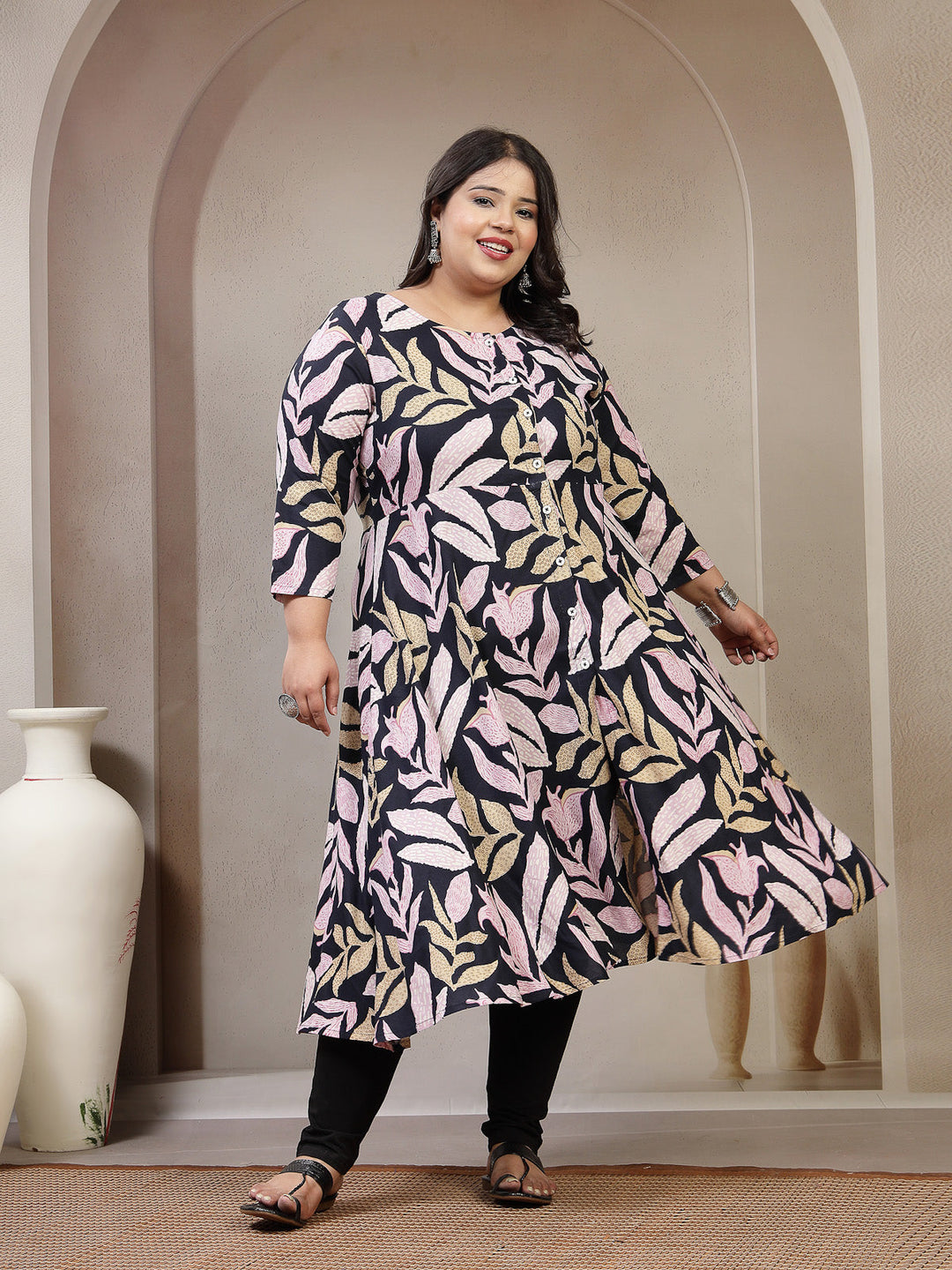 Plus Size Ethnic Motifs Printed Mandarin Collar A-Line Regular Kurta