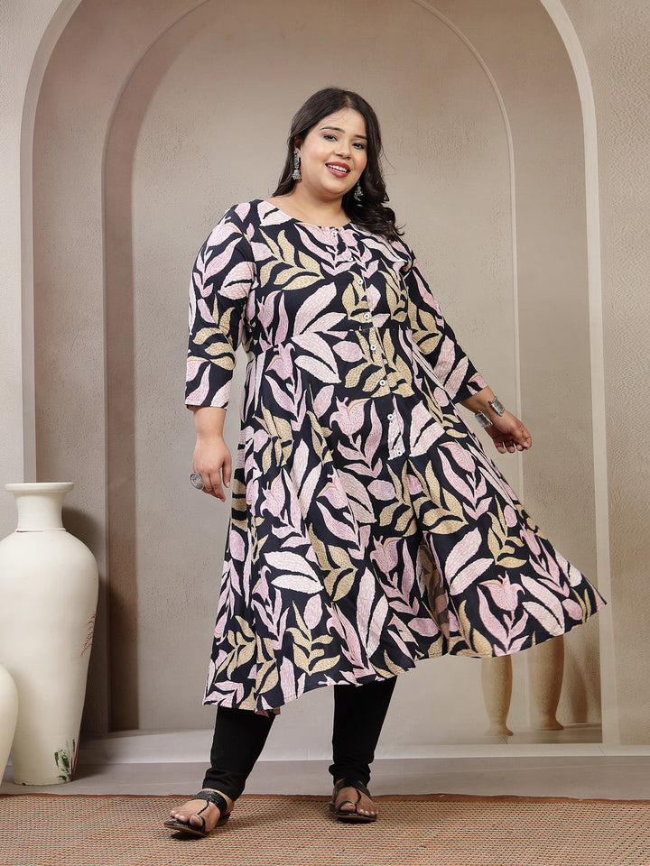 Plus Size Ethnic Motifs Printed Mandarin Collar A-Line Regular Kurta