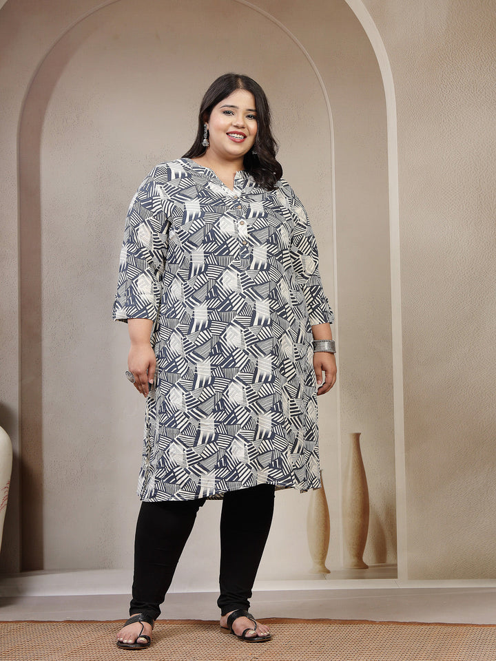 Plus Size Geometric Printed Mandarin Collar Thread Work Straight Kurta