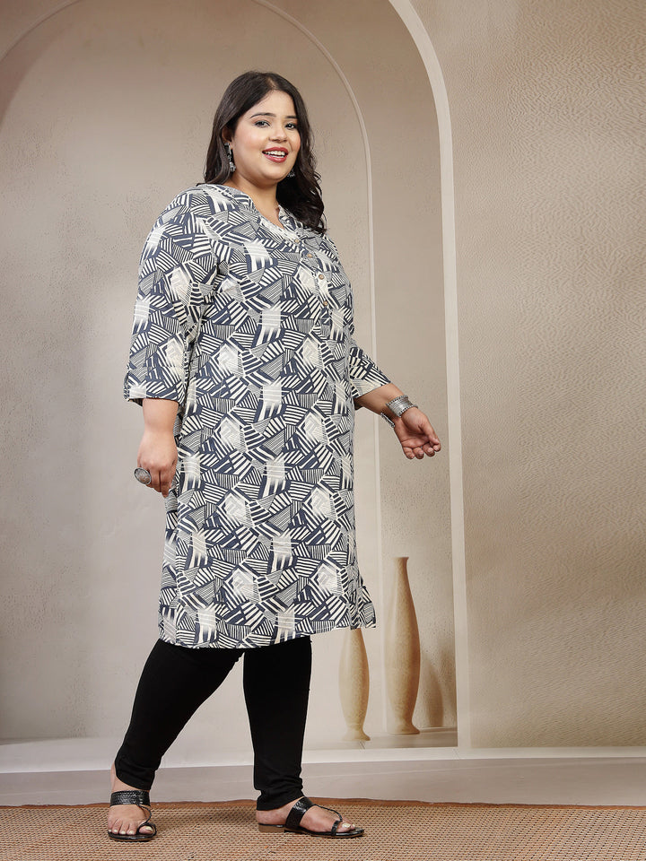 Plus Size Geometric Printed Mandarin Collar Thread Work Straight Kurta