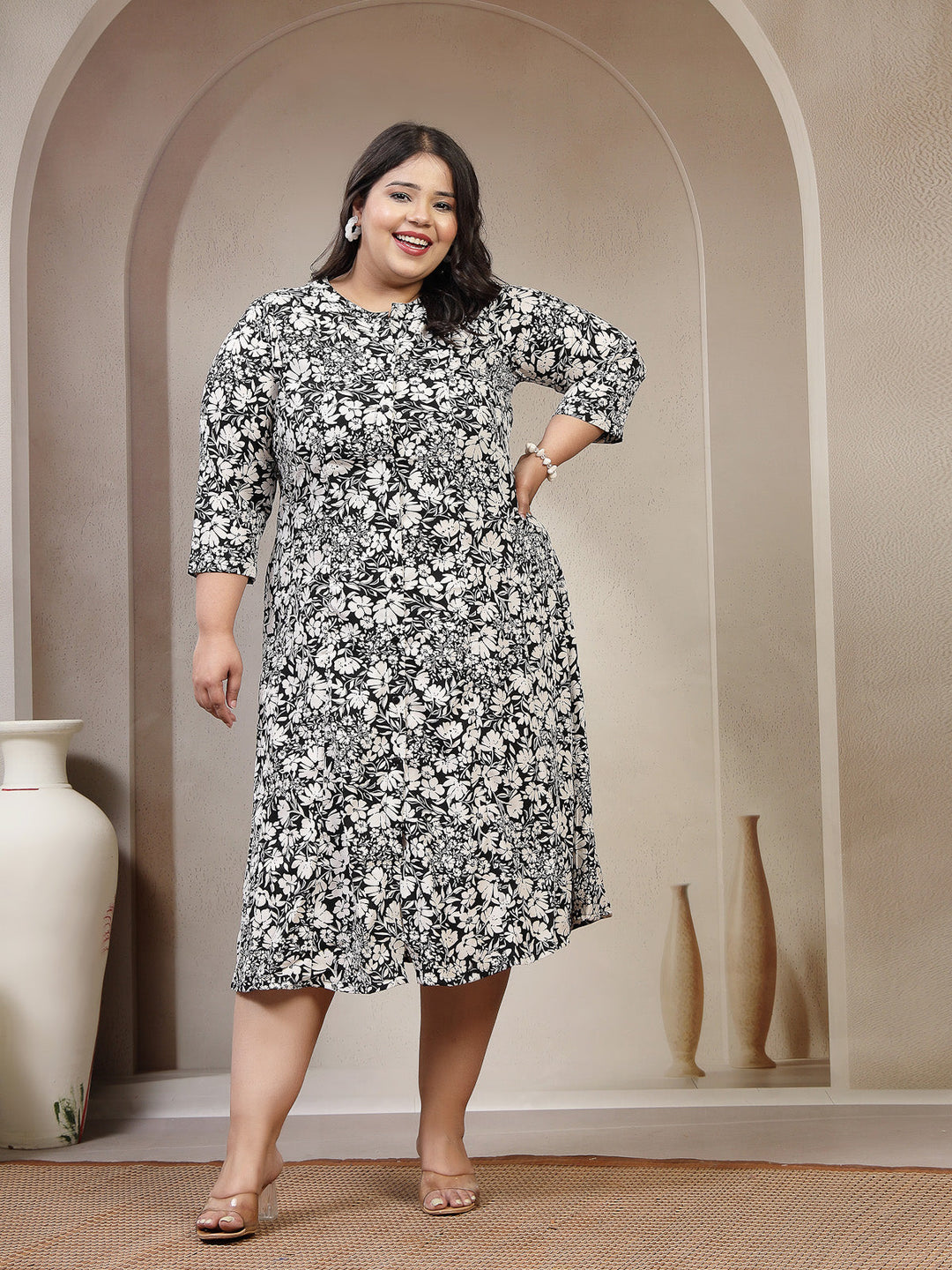 Plus Size Floral Printed Round Neck Shirt Midi Dress