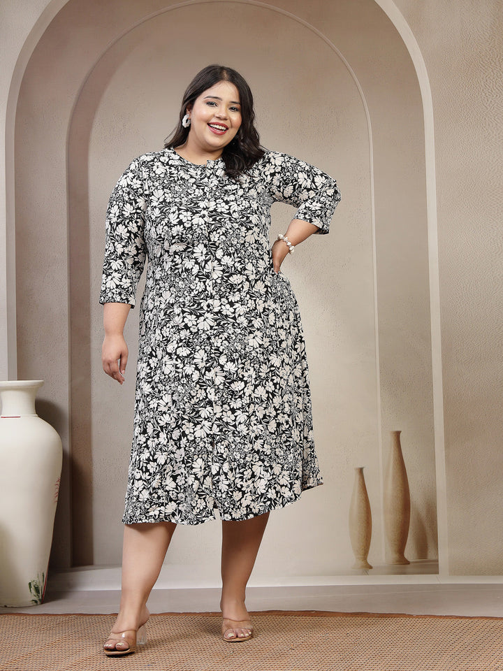 Plus Size Floral Printed Round Neck Shirt Midi Dress