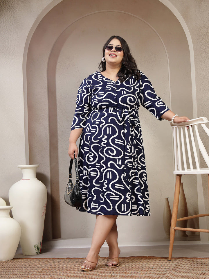 Plus Size V-Neck Abstract Print Puff Sleeve Fit & Flare Dress