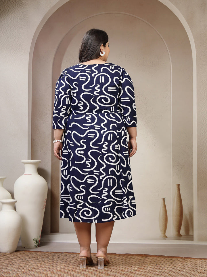 Plus Size V-Neck Abstract Print Puff Sleeve Fit & Flare Dress