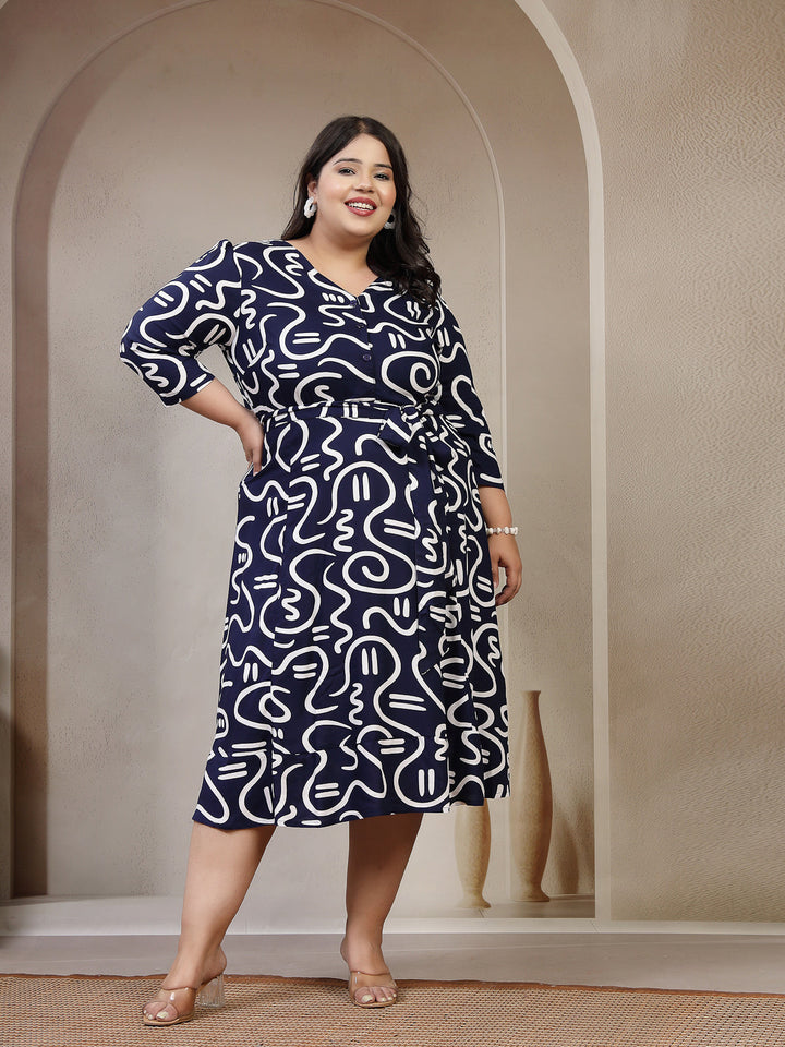 Plus Size V-Neck Abstract Print Puff Sleeve Fit & Flare Dress