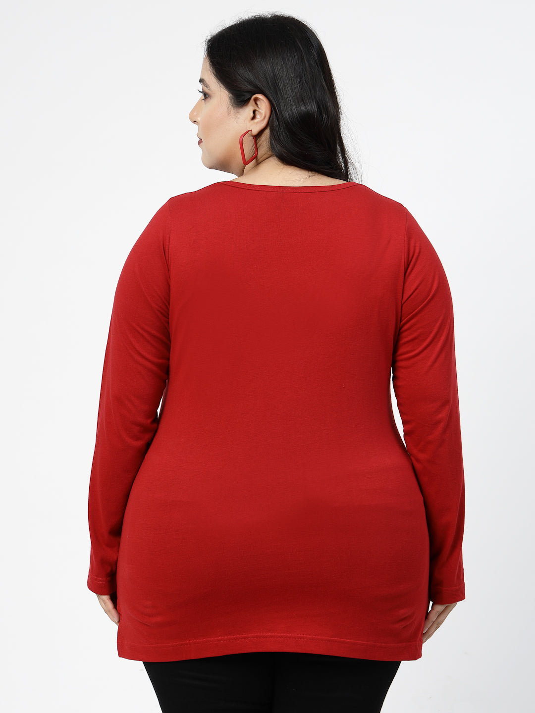 Plus Size  Round Neck Long Sleeves Longline Cotton T-shirt