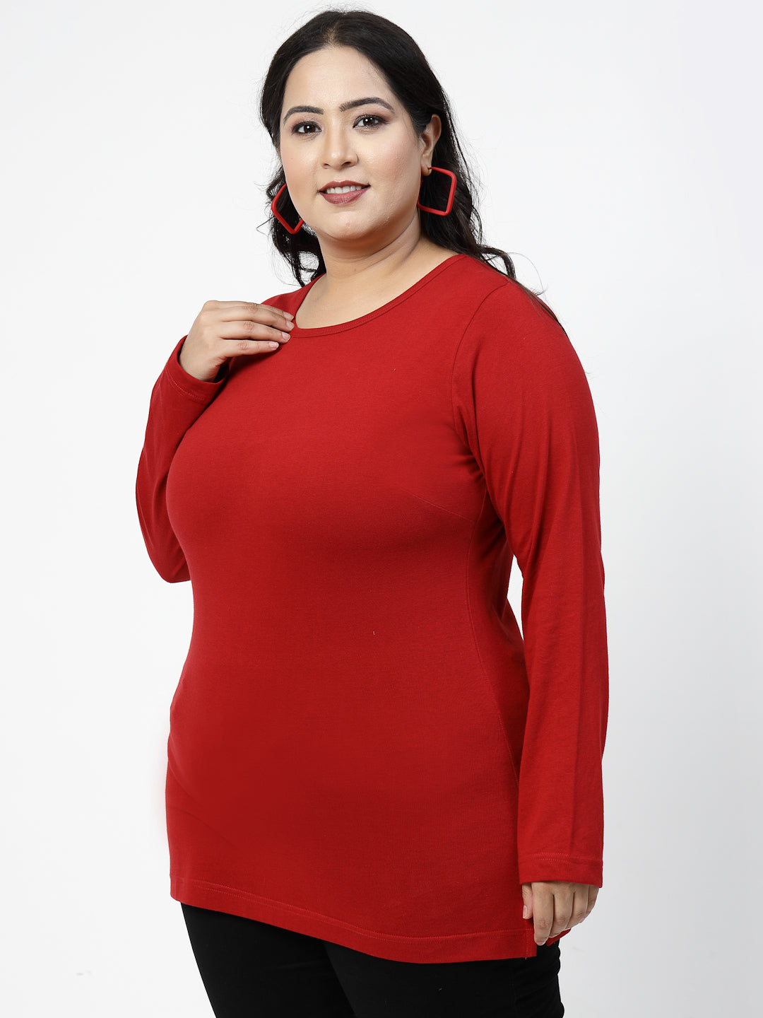 Plus Size  Round Neck Long Sleeves Longline Cotton T-shirt