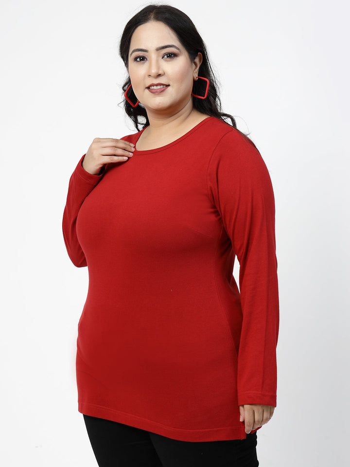 Plus Size  Round Neck Long Sleeves Longline Cotton T-shirt