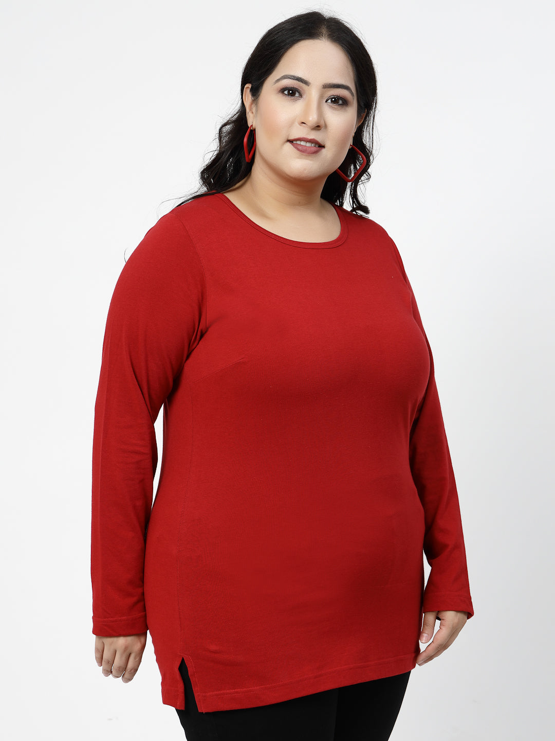 Plus Size  Round Neck Long Sleeves Longline Cotton T-shirt