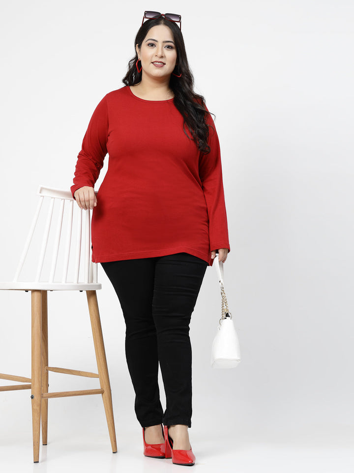Plus Size  Round Neck Long Sleeves Longline Cotton T-shirt