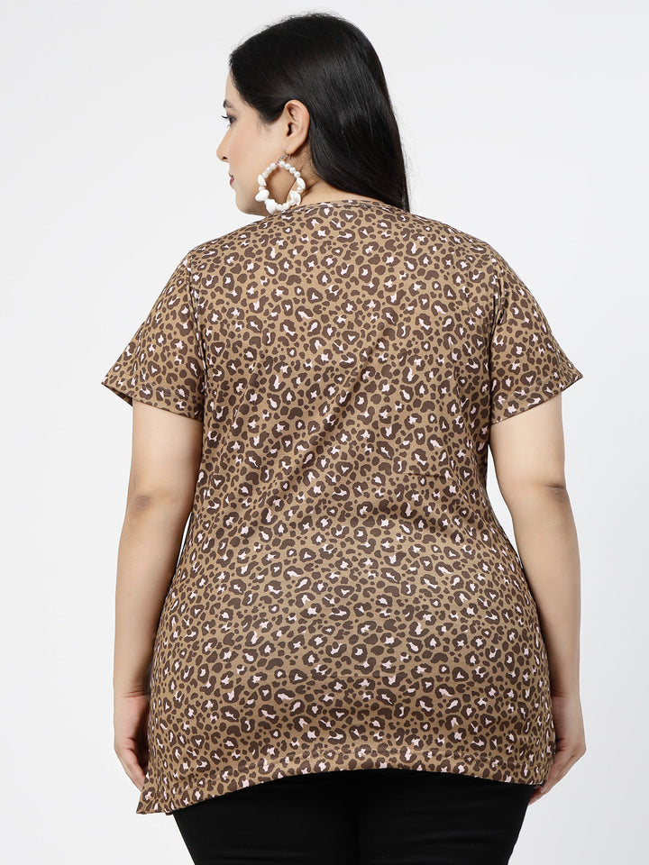 Plus Size  Brown Animal Printed Cotton T-shirt