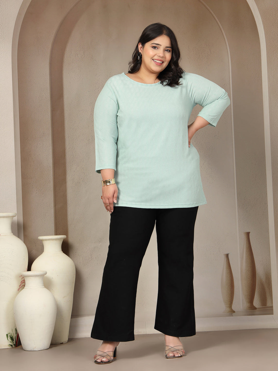 Plus Size Round Neck 3/4 Sleeve T-shirt