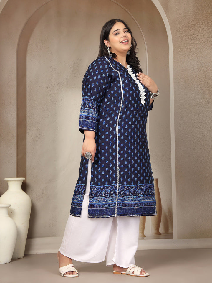 Plus Size Geometric Printed Daily Straight Kurta