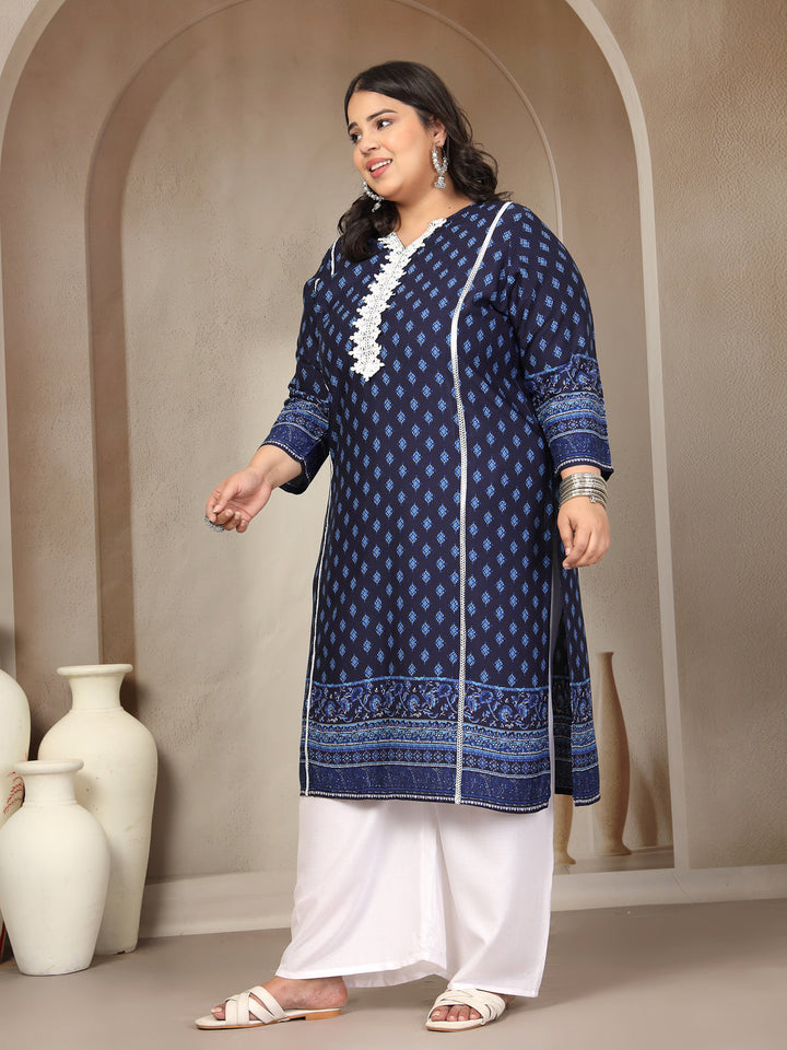 Plus Size Geometric Printed Daily Straight Kurta