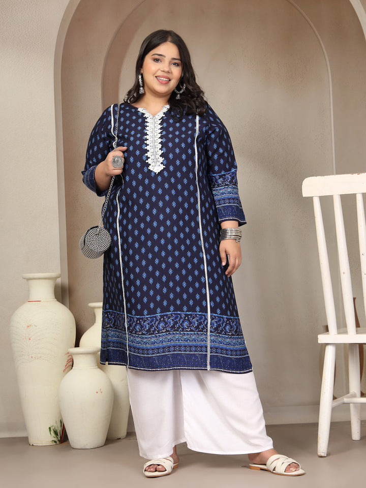 Plus Size Geometric Printed Daily Straight Kurta