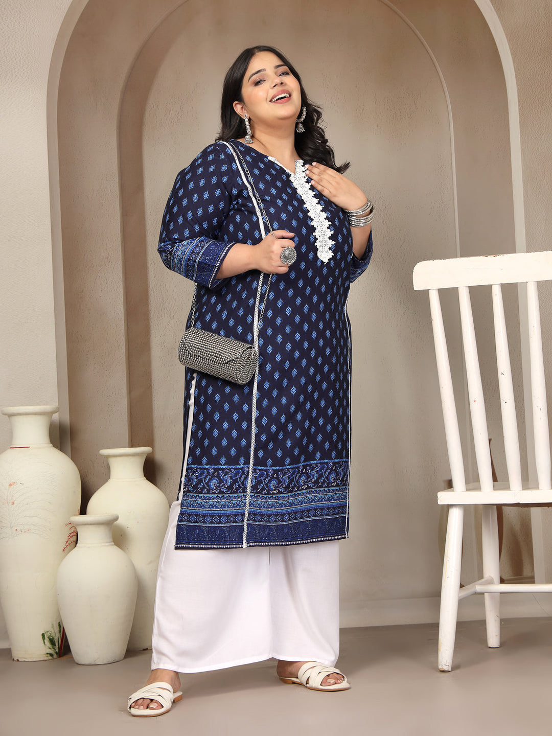 Plus Size Geometric Printed Daily Straight Kurta